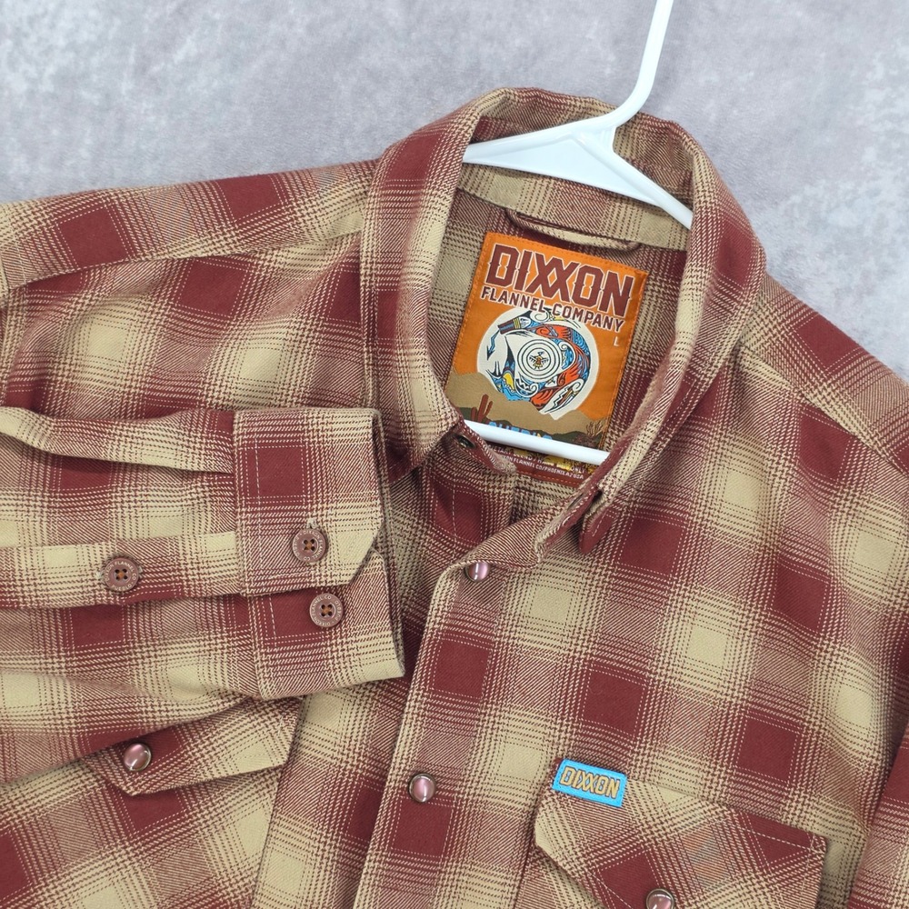 Dixxon Flannel Co Pueblo Mens Large D-Tech Plaid Snap Button Shirt Burgundy Tan